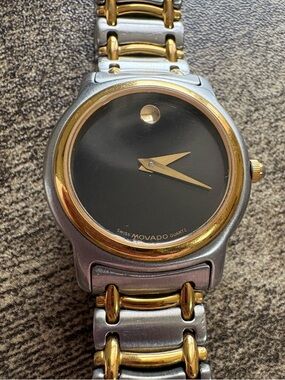 Movado Museum Quartz Wristwatch Black Dial Two-Tone Stainless Steel Gold Analog
